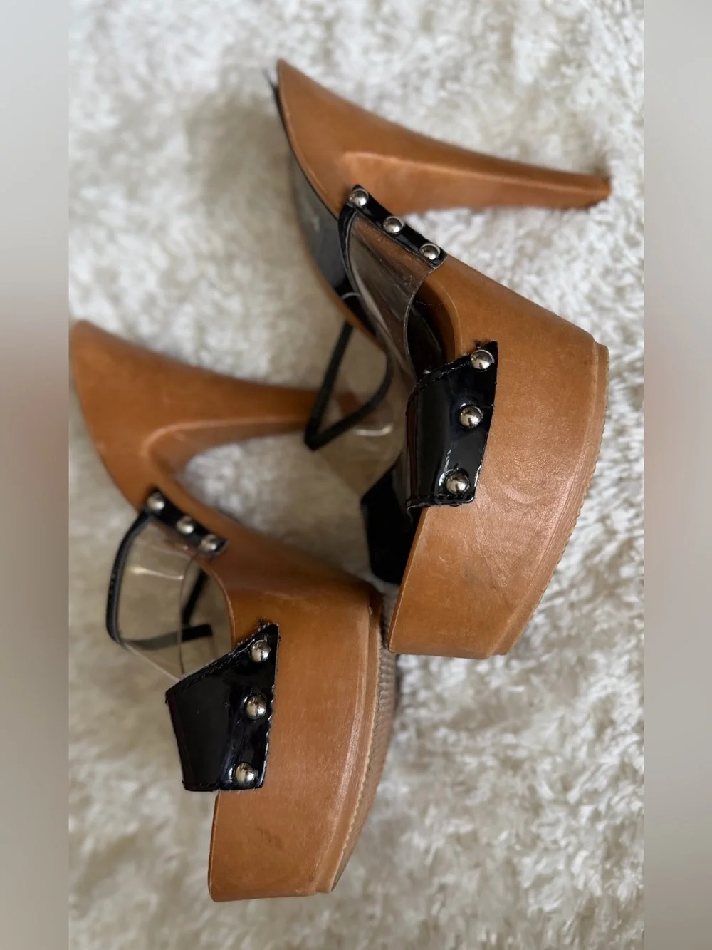 Charles David Brown Platform Heels with Black Patent & Clear Panels